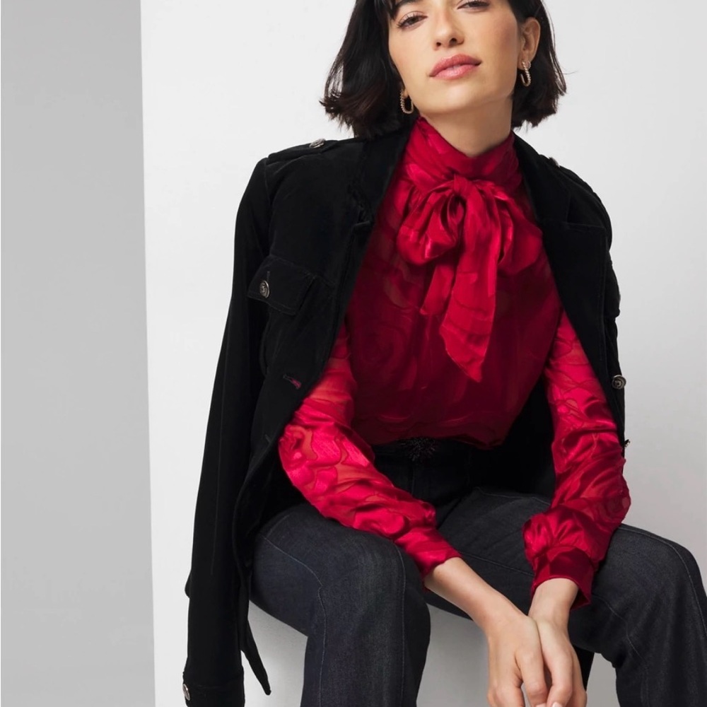 Elegant Red Rose Burnout Women's Blouse with detachable tank top. Self Tying - Picture 2 of 8